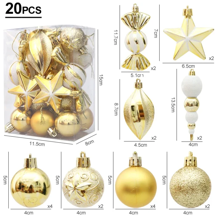 20pcs Christmas Tree Balls & Ornaments – Candy Cane, Pine Cone Set for Home Decoration