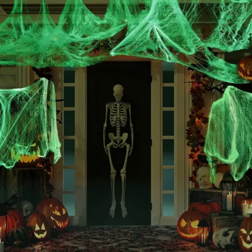 Glow-in-the-Dark Spider Webs with Fake Spiders – White Stretch Cobwebs for Halloween - Image 3
