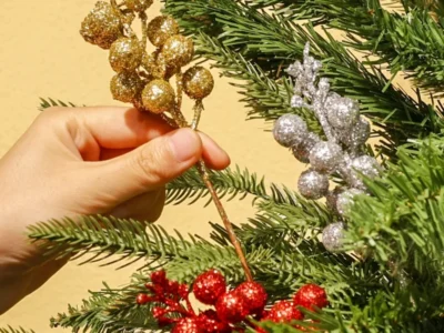 Artificial Gold Powder Berry Branches with Cherry Stamen & Fake Pine Cones - Christmas Tree Decorations for Home, Xmas, & New Year Decor