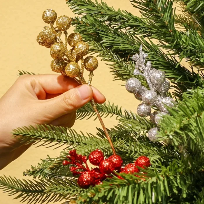 Artificial Gold Powder Berry Branches with Cherry Stamen & Fake Pine Cones - Christmas Tree Decorations for Home, Xmas, & New Year Decor