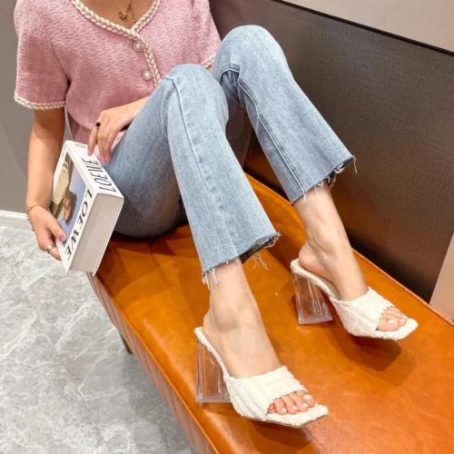 Open Toe Women's Slippers - Fashion Narrow Band Slip-On High Heel Slides, Ladies Outdoor Dress Beach Sandalias