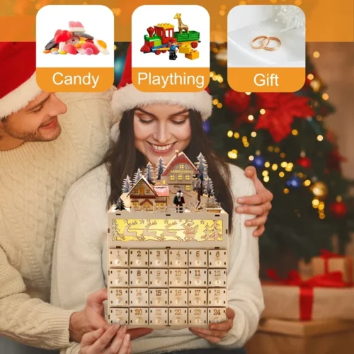 Wooden Christmas Advent Calendar – Countdown to Christmas, LED Holiday Decoration, 24 Drawers with LED Light