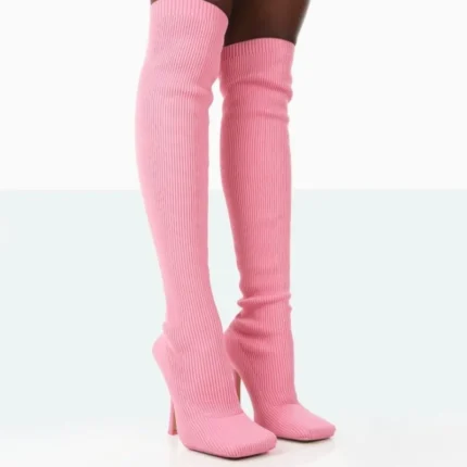 Women's Pink Knitted Elastic Knee High Boots - Square Toe, Stiletto Heel, Slip-On Winter Shoes