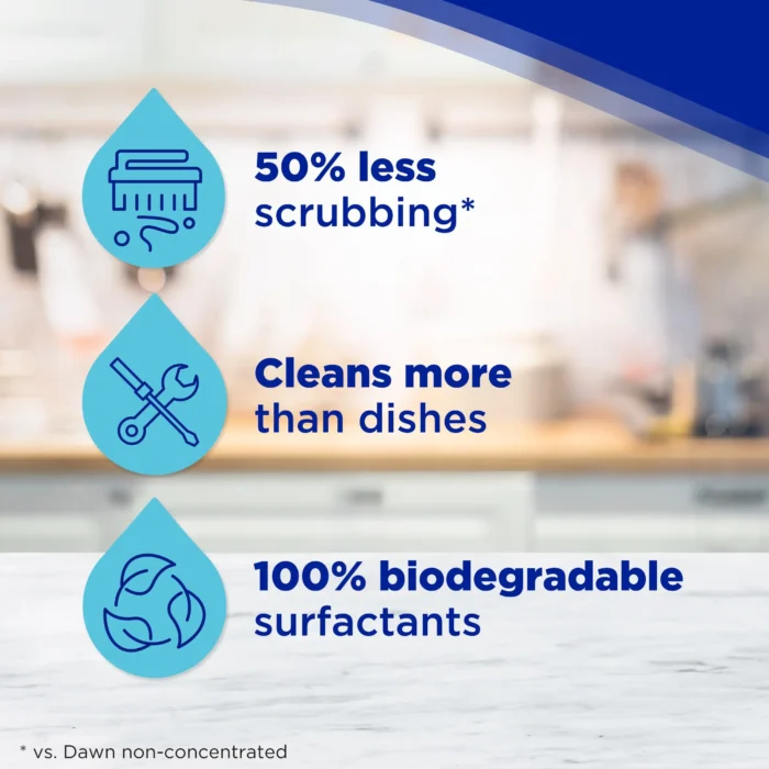 50% Less* Scrubbing (*vs. Dawn Non-Concentrated) Dawn helps save wildlife. Dawn is the only brand of dish soap trusted by rescue workers to clean wildlife impacted by oil spills.