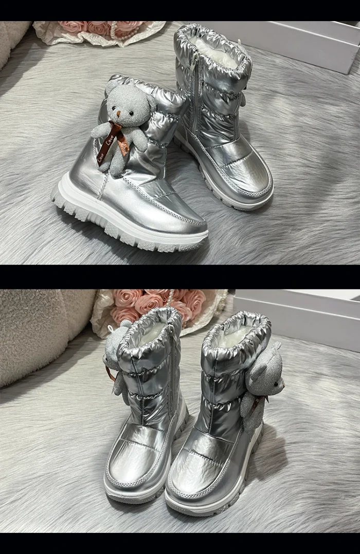 Children's Snow Boots - Plush Warm Baby Winter Silver Boots, Fur-Lined, Waterproof, Antiskid Ankle Boots for Boys and Girls