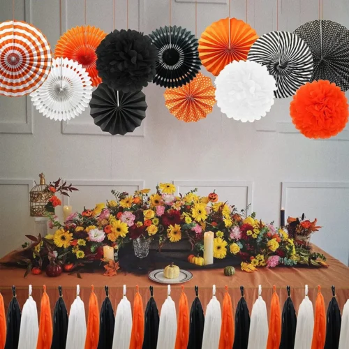 Black and Orange Hanging Paper Fans – Party Decorations - Image 4