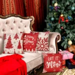 Christmas Pillow Covers 18x18 – Set of 4 Red Throw Pillowcases, Snowflake Farmhouse Linen Cushion Cases for Holiday Decorations