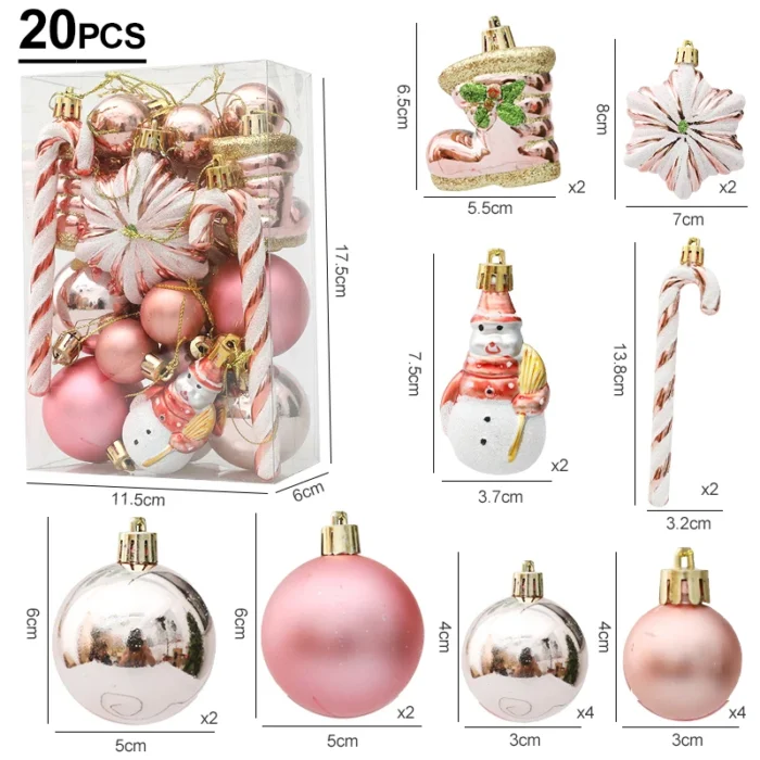 20pcs Christmas Tree Balls & Ornaments – Candy Cane, Pine Cone Set for Home Decoration