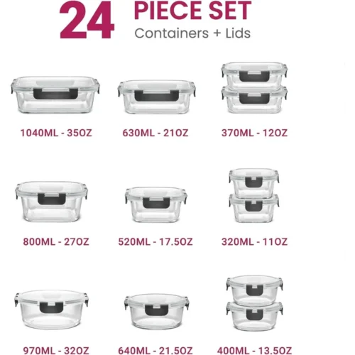 Essential 24-Piece Glass Storage Containers – Leakproof, Durable, Dishwasher Safe