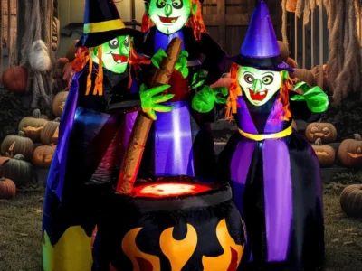 6FT Halloween Inflatable Three Witches Around Cauldron with Flame Light