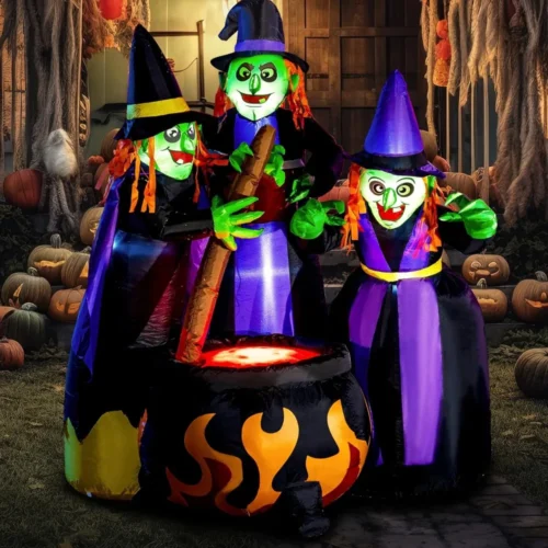 6FT Halloween Inflatable Three Witches Around Cauldron with Flame Light
