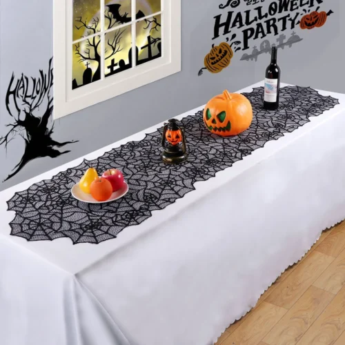 Halloween Lace Spider Web Table Runner – Black Tablecloth and Fireplace Mantel Cover - Image 2