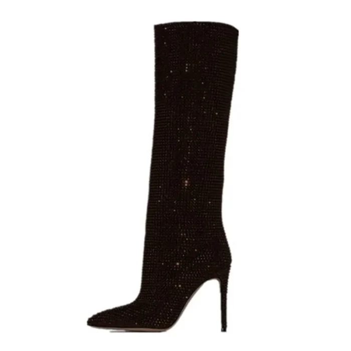 Rhinestone Knee-High Boots for Women - Pointed Toe Slip-On Winter Botines, High Heels Zapatos De Mujer