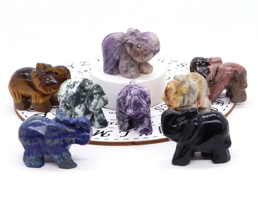 1.5" Elephant Statue - Natural Crystal Rose Quartz, Amethyst, Obsidian Carved Animal Figurines | Home Decor Craft