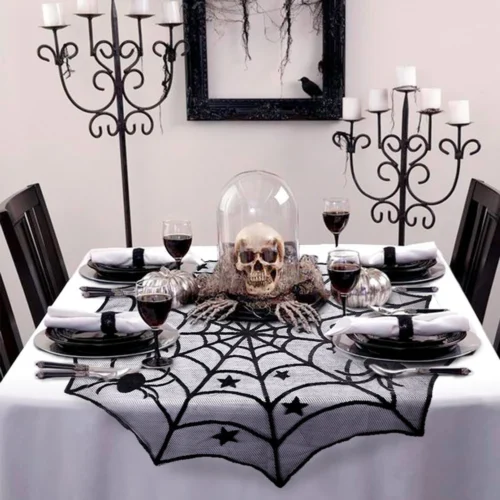 Halloween Lace Spider Web Table Runner – Black Tablecloth and Fireplace Mantel Cover - Image 4