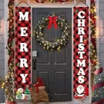 Christmas Porch Sign – Plaid Merry Christmas Door Banner for Home, Yard, & Front Door Navidad Decor