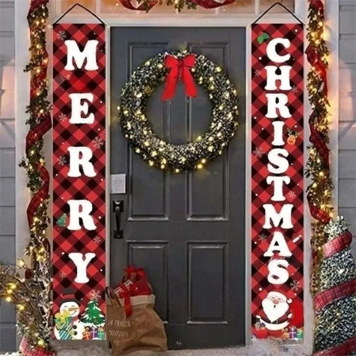 Christmas Porch Sign – Plaid Merry Christmas Door Banner for Home, Yard, & Front Door Navidad Decor