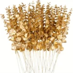 20pcs Artificial Golden Eucalyptus Leaves – Faux Stems for Vases, Weddings, DIY Bouquets, & Home Decor