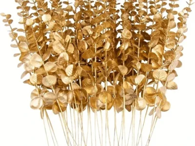 20pcs Artificial Golden Eucalyptus Leaves – Faux Stems for Vases, Weddings, DIY Bouquets, & Home Decor