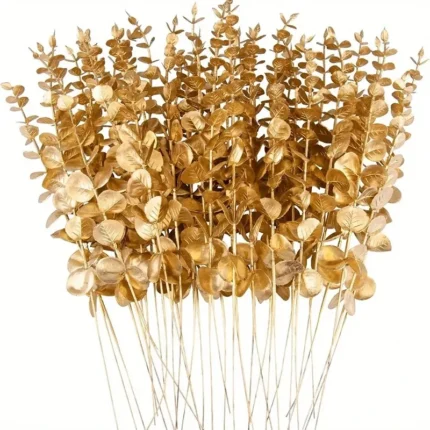 20pcs Artificial Golden Eucalyptus Leaves – Faux Stems for Vases, Weddings, DIY Bouquets, & Home Decor