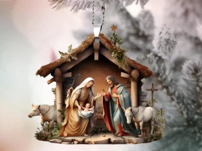 Christmas Pendant Ornament – Jesus Family Prayer Scene, Bright Colored Religious Symbol Pendant for Home & Car