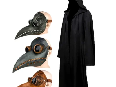 Halloween Cloak Plague Doctor Mask Cosplay Costume – Sorcerer Long Shirt Hooded Black Robe for Adults and Children Holiday Costume Set
