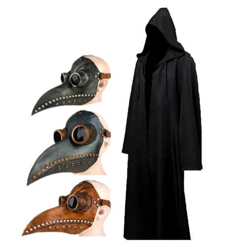 Halloween Cloak Plague Doctor Mask Cosplay Costume – Sorcerer Long Shirt Hooded Black Robe for Adults and Children Holiday Costume Set