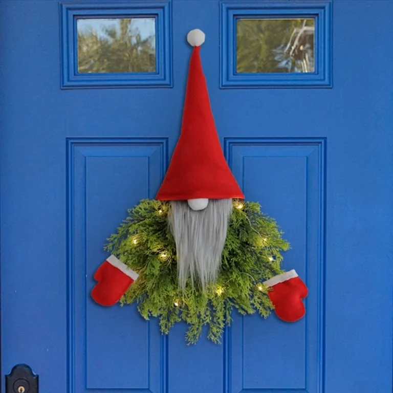 Festive Christmas Wreath with Glowing Gnome Doll Ornament – Front Door Party Scene Decoration for Indoor Use