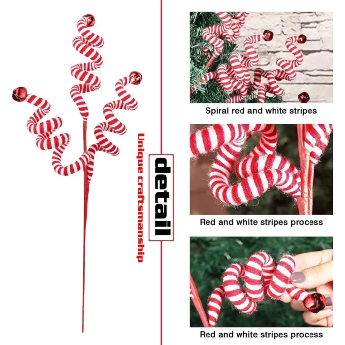 Christmas Tree Decoration - Red/White Woolen Bells Curly Pick Branch Ornaments for Home, Office, Party, Xmas Gift, & Navidad