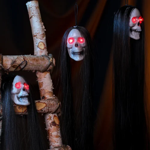 Halloween Hanging Ghost Skull with Long Hair and Glowing Eyes – Terror Skeleton Props - Image 4