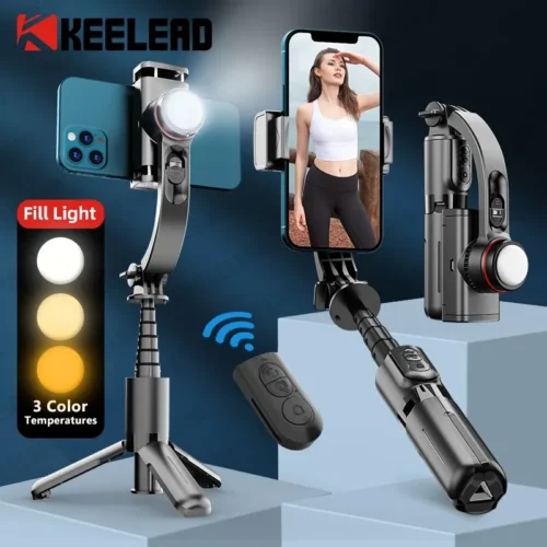 KEELEAD Selfie Stick Gimbal, Extendable Tripod with Fill Light, Bluetooth Remote, Face Recognition