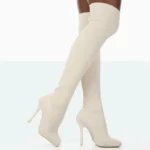 Women's Pink Knitted Elastic Knee High Boots - Square Toe, Stiletto Heel, Slip-On Winter Shoes