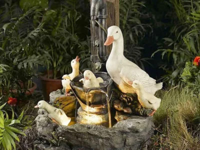 Animal Statue Solar Water Fountain - Squirrel and Duck Resin Sculptures with LED Lights for Outdoor Garden and Yard Decor