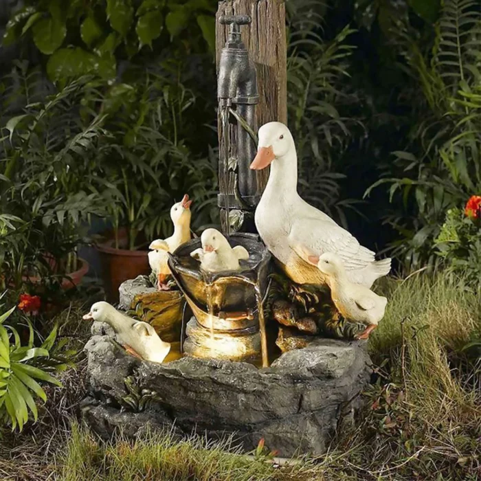 Animal Statue Solar Water Fountain - Squirrel and Duck Resin Sculptures with LED Lights for Outdoor Garden and Yard Decor