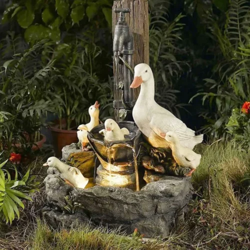 Outdoor Duck Water Fountain with Light | Duck Resin Sculptures with LED Lights for Garden Décor