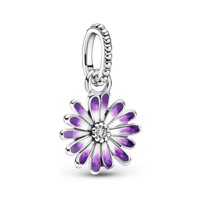 NEW Purple Charm Bead - 925 Sterling Silver Leaf, Daisy & Butterfly, Fits Original Pandora