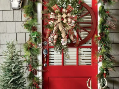 Christmas Decorative Door Hanging – Wooden Wheel Wreath with Pine and Nut Accents