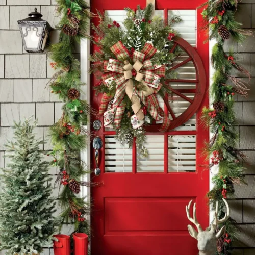 Christmas Decorative Door Hanging – Wooden Wheel Wreath with Pine and Nut Accents
