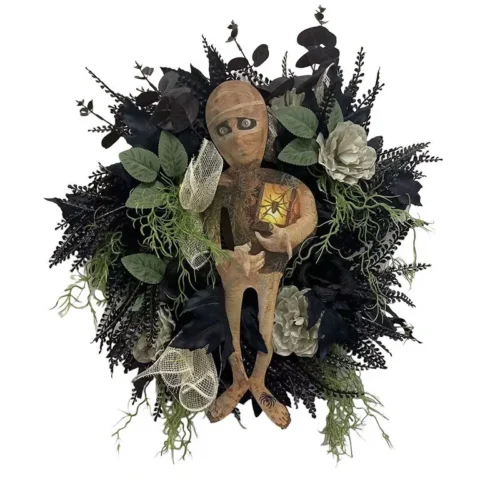 Mummy Wreath Shape Halloween Decoration for Home Door, Window, or Wall Hanging / Fun and Scary Plastic Decoration for Party Garlands
