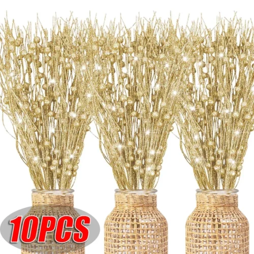 5/10PCS Artificial Glitter Berry Stems - Gold & Silver Christmas Tree Ornaments, Glittery Twigs for Xmas Wreaths & New Year Party Decor