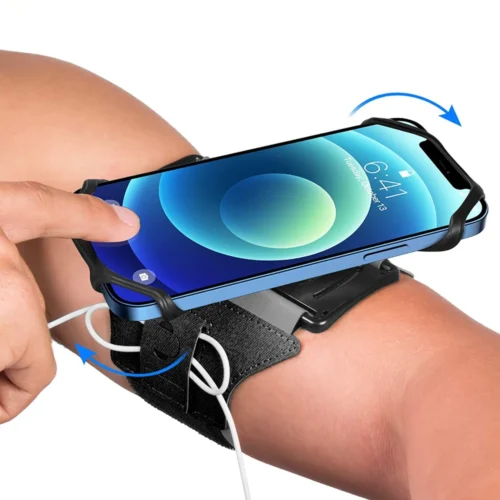 Wristband Phone Holder, 360° Rotating Running Armband with Key Pocket and Earphone Holder