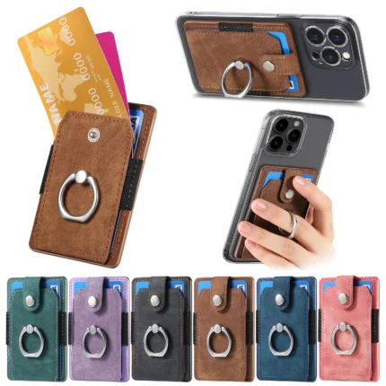 Vintage Car Magnetic Card Holder Leather Sticker – Adhesive ID/Credit Card Wallet with Ring for Smartphone