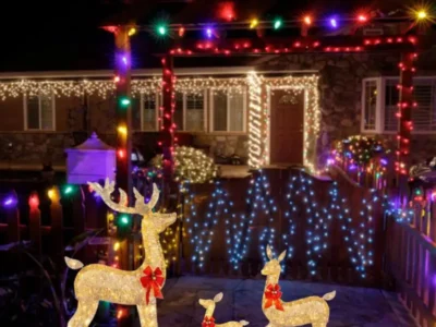 Gold Glowing Reindeer Ornament – Art Elk Deer Garden Decor with LED Lights for Happy New Year and Christmas Outdoor Yard Decoration