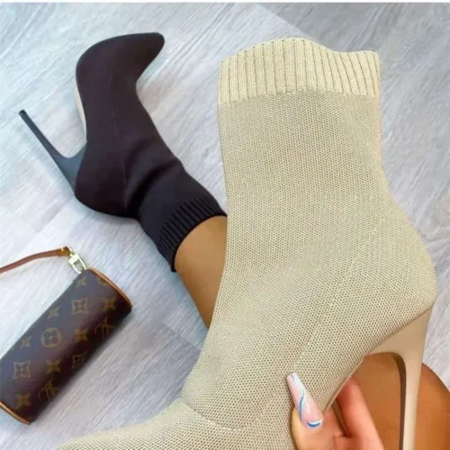 Luxury Women’s Beige Sock Boots – High Heel Stiletto Boots, Exotic Dancer Style, Winter Fashion Stretch Fabric, Plus Sizes Available
