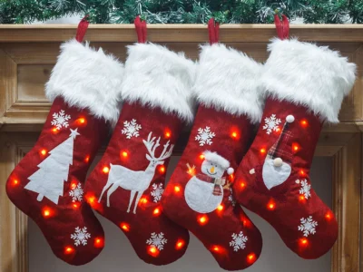 Christmas Large Red Stocking Gift Bag with Lights – Embroidered Christmas Decor for Fireplace, Candy Bag, and Christmas Tree Pendant