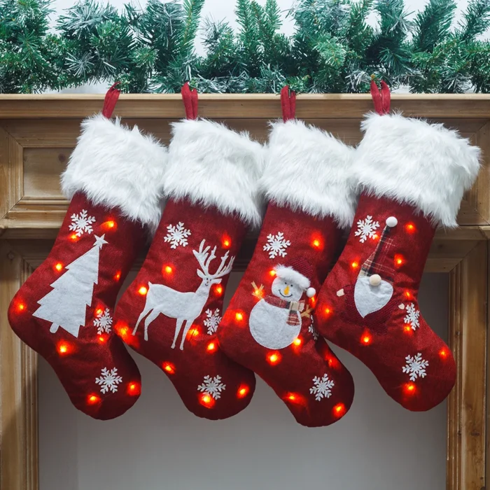 Christmas Large Red Stocking Gift Bag with Lights – Embroidered Christmas Decor for Fireplace, Candy Bag, and Christmas Tree Pendant