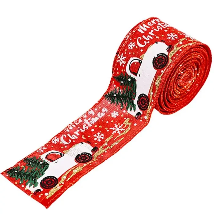 Christmas Wired Ribbons – 2m Buffalo Plaid, Vintage Truck & Trees, Wired Edge for Xmas DIY Wrapping & Floral Craft