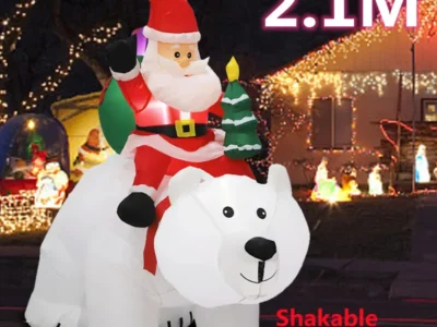 2.1M Inflatable Santa Claus Riding Polar Bear – Christmas Indoor & Outdoor Garden Ornament with LED Lights