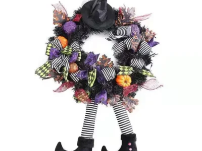 Halloween Wreath with Long-Legged Witch – Wall Hanging Front Door Decorative Pendant for Indoor and Outdoor Decoration