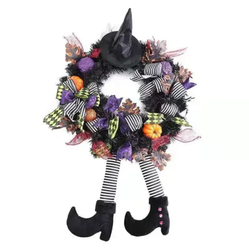 Halloween Wreath with Long-Legged Witch – Wall Hanging Front Door Decorative Pendant for Indoor and Outdoor Decoration